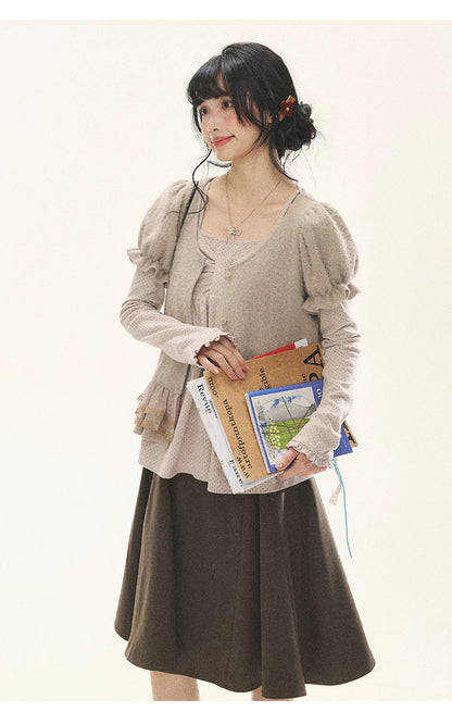 "Soft Fufu" Blush Pink Lace Puff Sleeve Knit Cardigan
