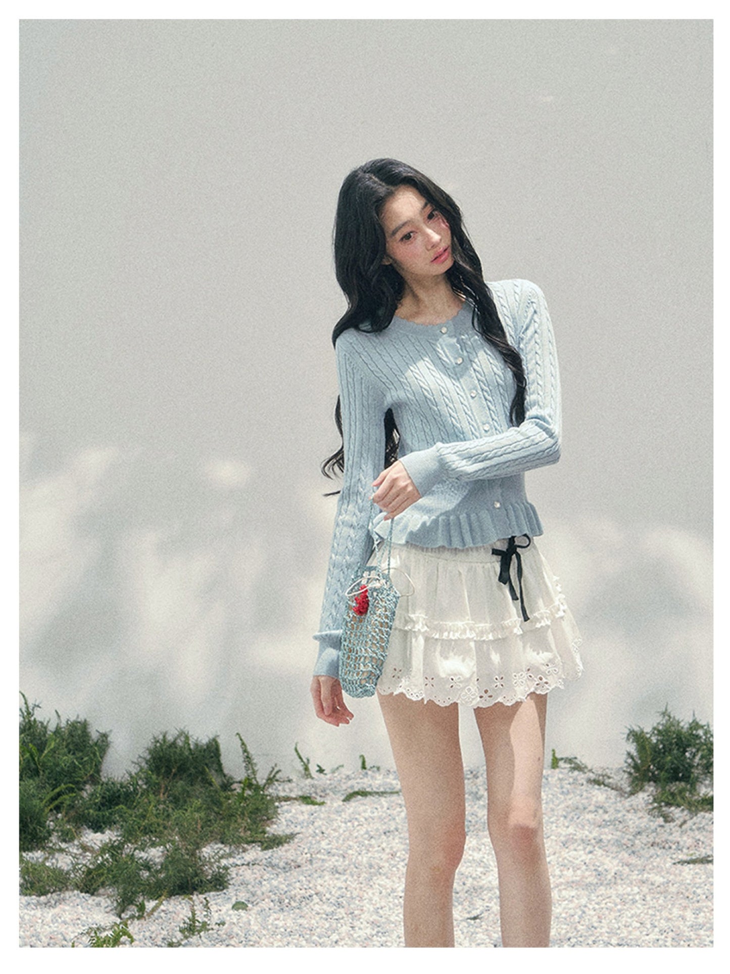 少也眼 “Pearl Whisper” Moonlight Blue Cable-Knit Ruffle-Hem Cropped Cardigan 626586578