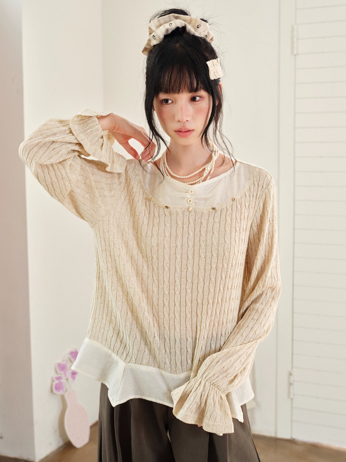 DAILY ARTIST - Almond Beige Lace-Trim Textured Knit Top