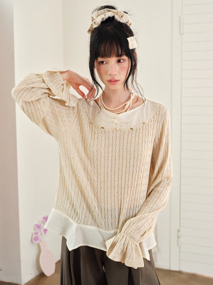 DAILY ARTIST - Almond Beige Lace-Trim Textured Knit Top