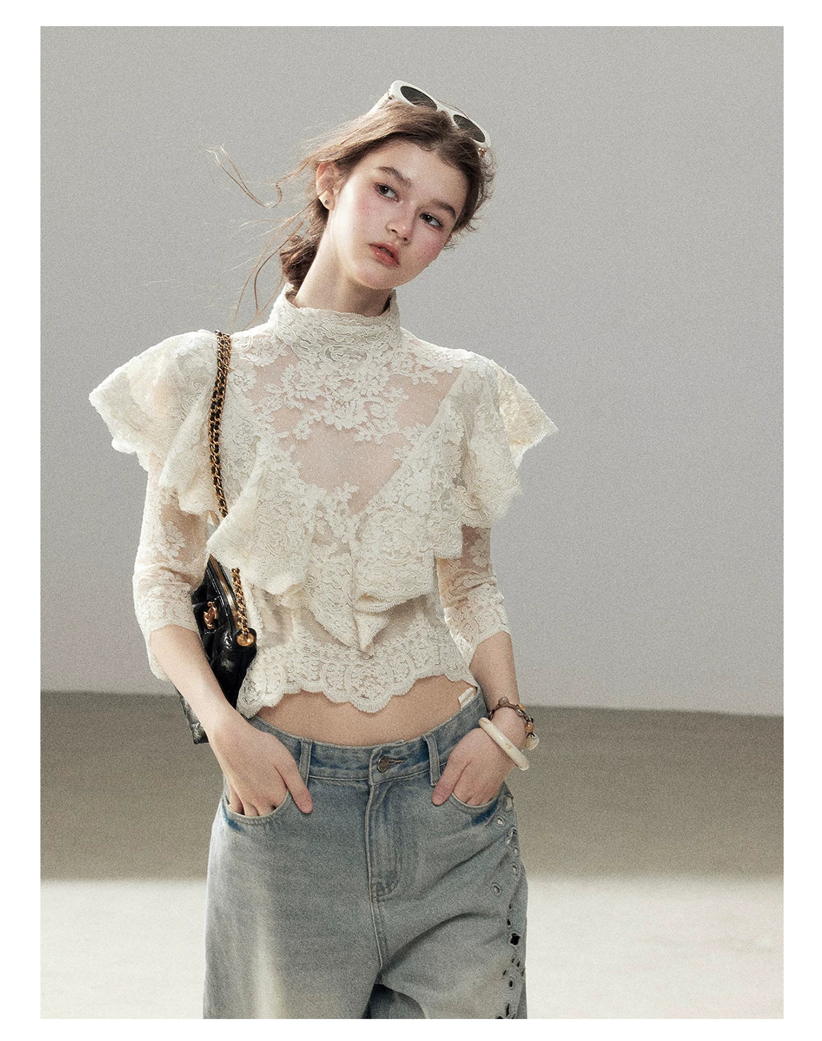 "Translucent Bloom" Dutch Cheese Lace Cropped Top