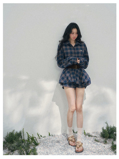 少也眼 “Rain Traces on Windowpanes” Polo-Collar Plaid Shirt Mini Dress 5286347