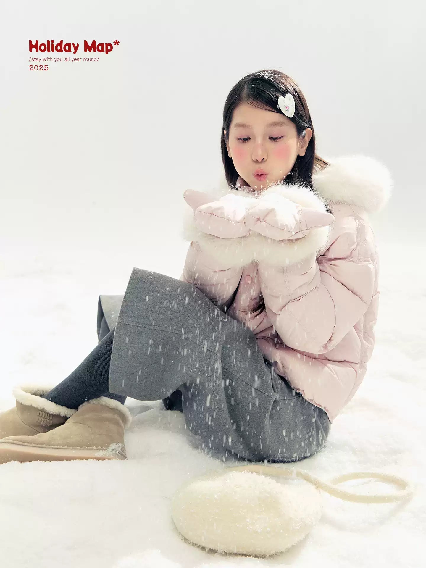 "Snowland Sprite" Peach Blush Lilac Hooded Down Jacket with Detachable Faux Fur Trim & Gloves