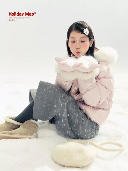 "Snowland Sprite" Peach Blush Lilac Hooded Down Jacket with Detachable Faux Fur Trim & Gloves