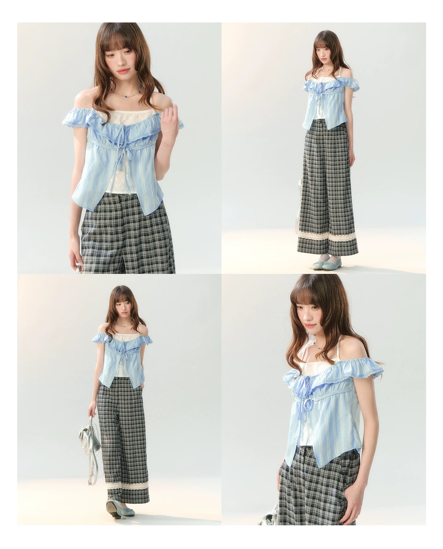 "Gray Cloud Flurry" Plaid Lace Hem Wide-Leg Pants SH2026205
