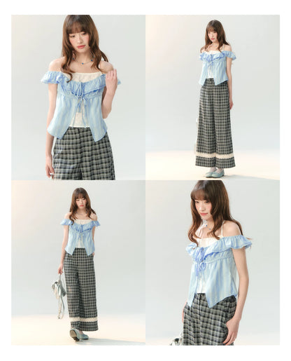"Gray Cloud Flurry" Plaid Lace Hem Wide-Leg Pants SH2026205