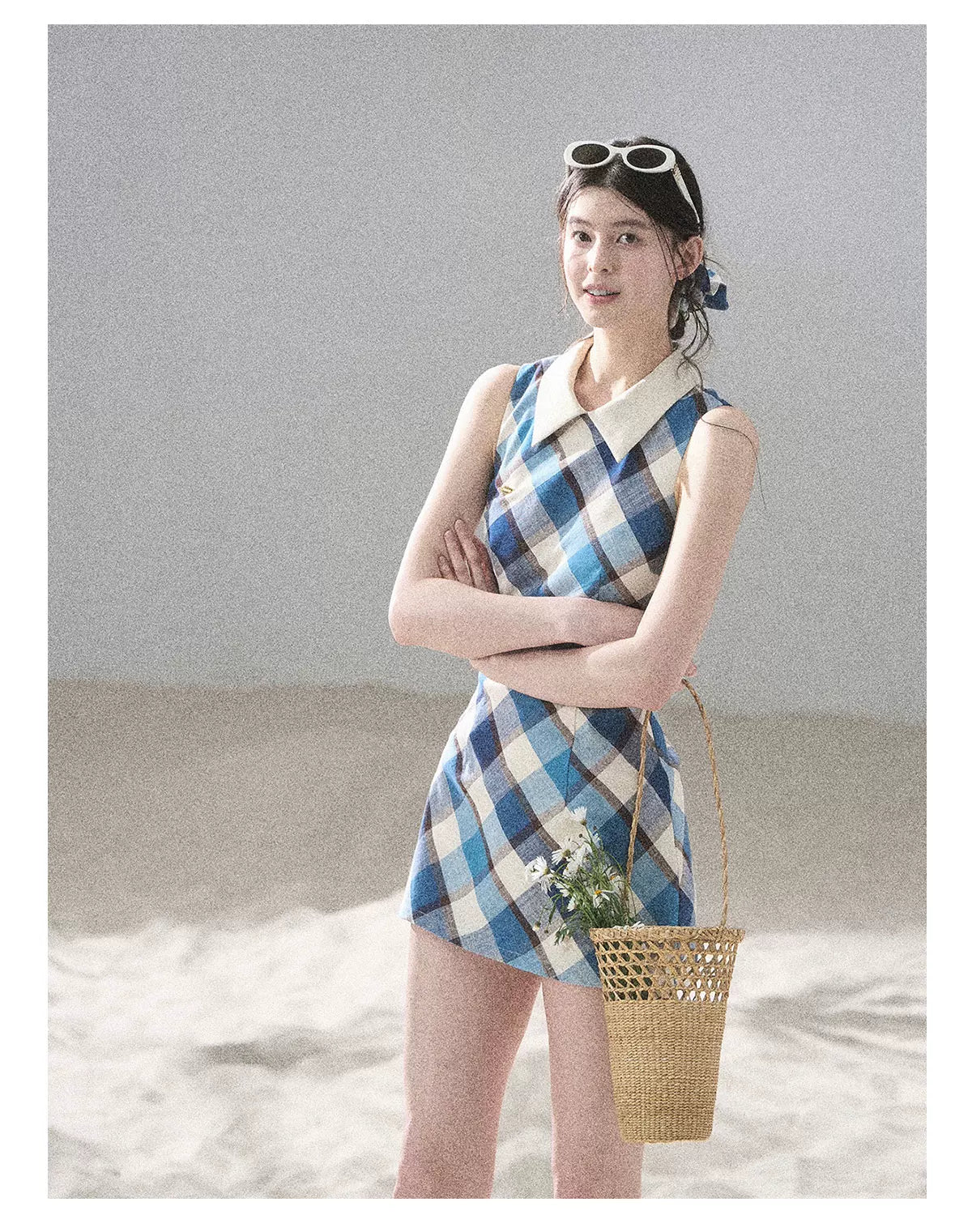 "Sunset by the Shore" Vintage Blue Plaid Polo Mini Dress 358648564