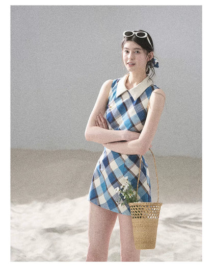 "Sunset by the Shore" Vintage Blue Plaid Polo Mini Dress 358648564