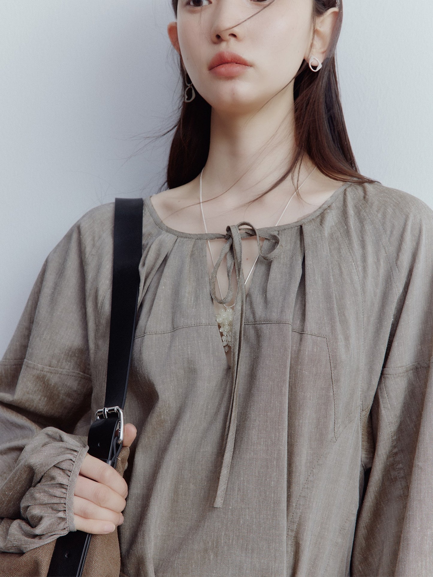 FUSSED Misty Forest Flowy Linen Blend Dress – Gray-Brown Green FOF-25SS135