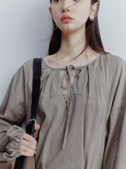 FUSSED Misty Forest Flowy Linen Blend Dress – Gray-Brown Green FOF-25SS135