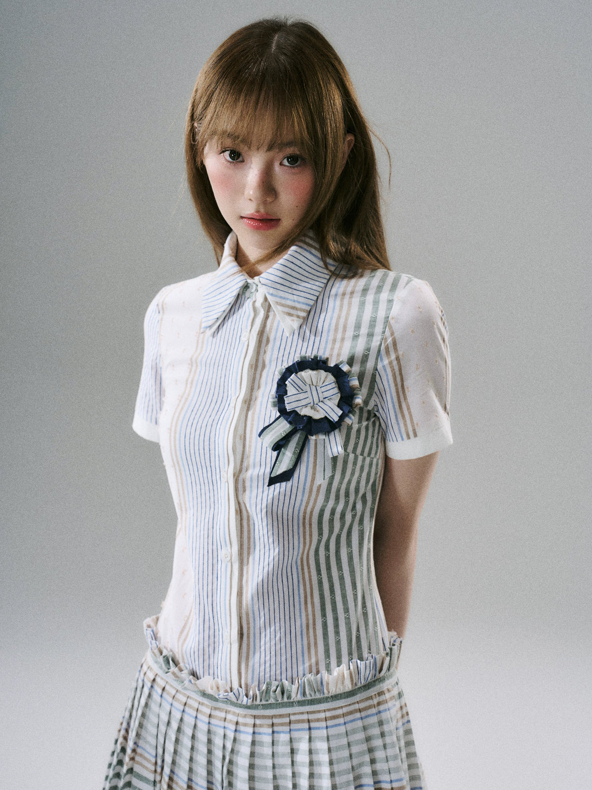 LOST FOREST - Blueberry Striped Pleated Cotton Mini Dress