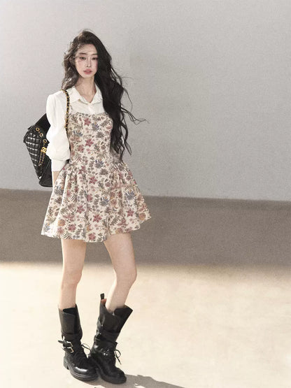 AOMALM - Dutch Cheese Floral Mini Dress & Creamy White Blouse Set