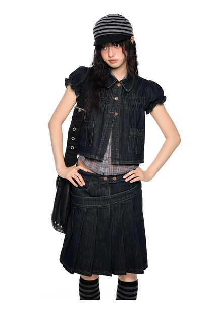 Vintage Peter Pan Collar Puff Sleeve Denim Set