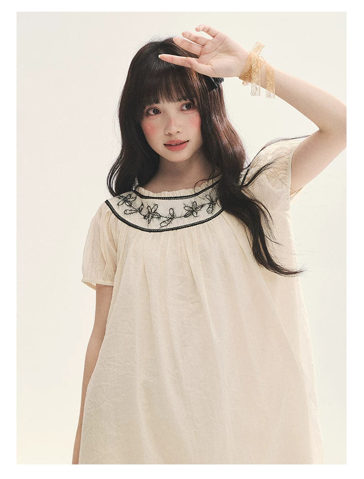 "Midnight Princess" Yellow Flower Rope Embroidered Babydoll Midi Dress