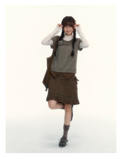 “Hazelnut Mousse” Tea Brown Vintage 3D Floral Ruffle Knit Top