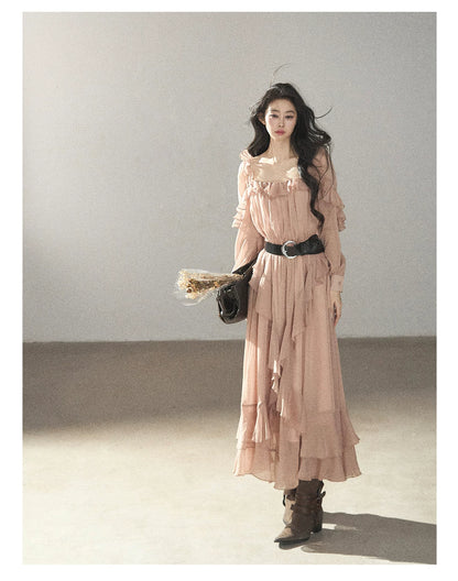 AOMALM - "Waiting for Sunset" Soft Pink French Ruffle Maxi Dress with Belt