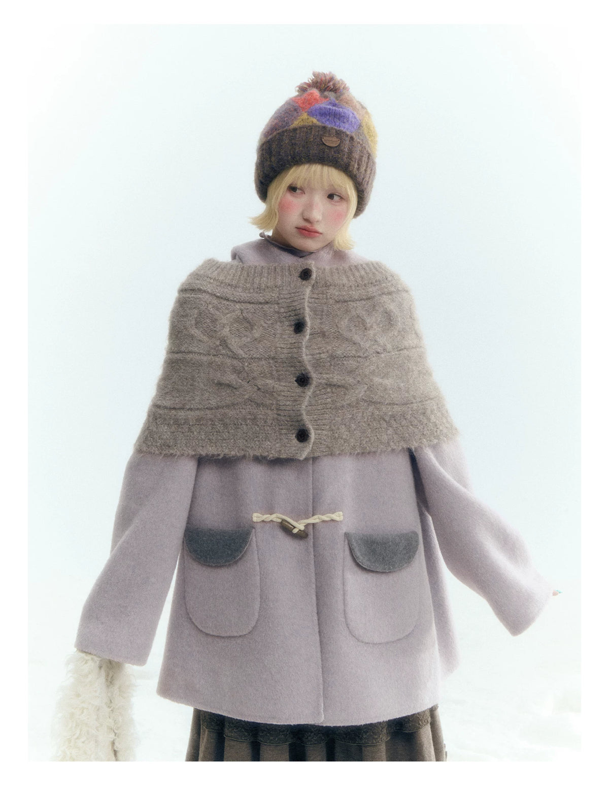 Horridale - Mist Gray Cable Knit Flower Button Shawl