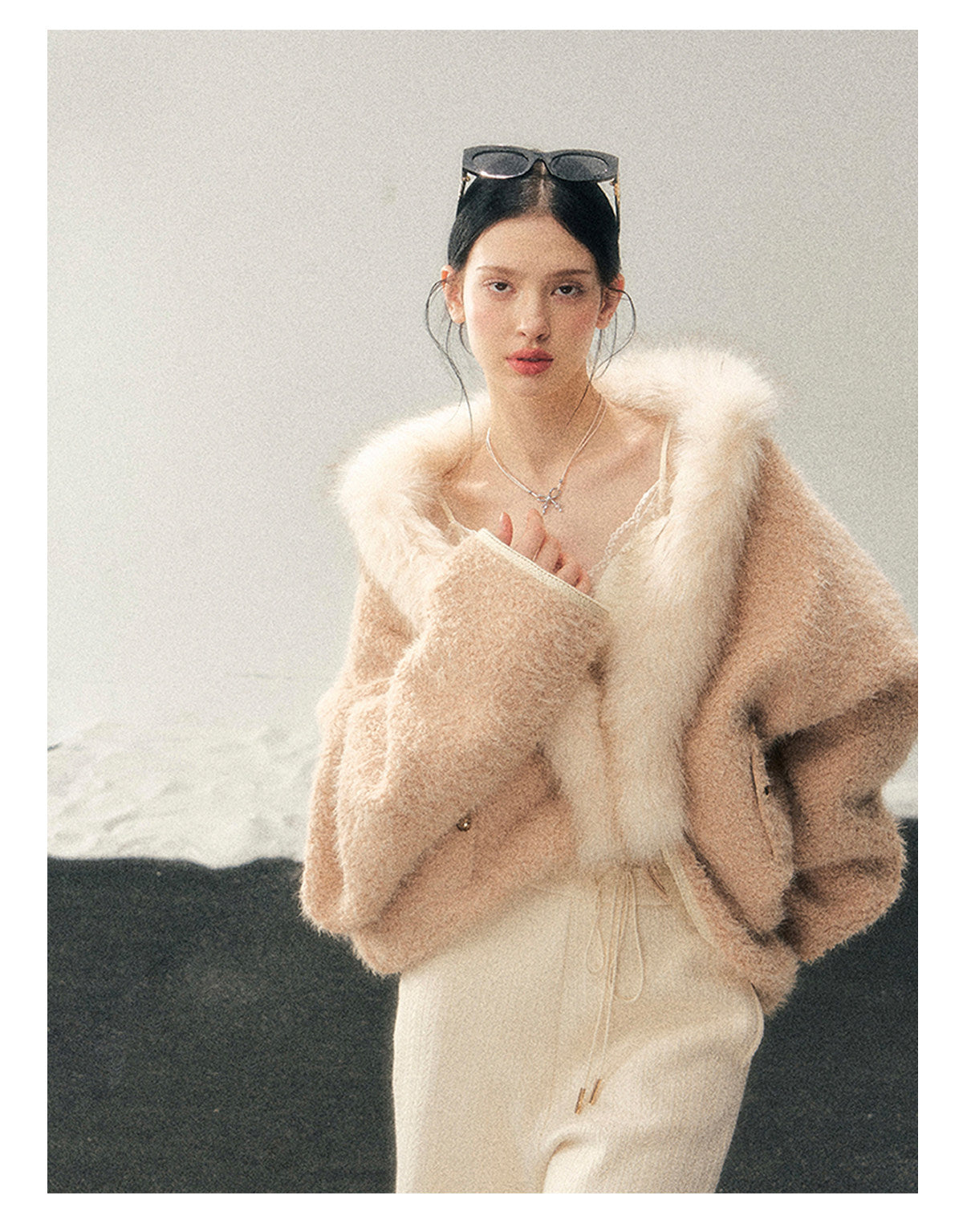 少也眼 "Velveted Sigh" Milk Tea Faux Cashmere Knit Jacket