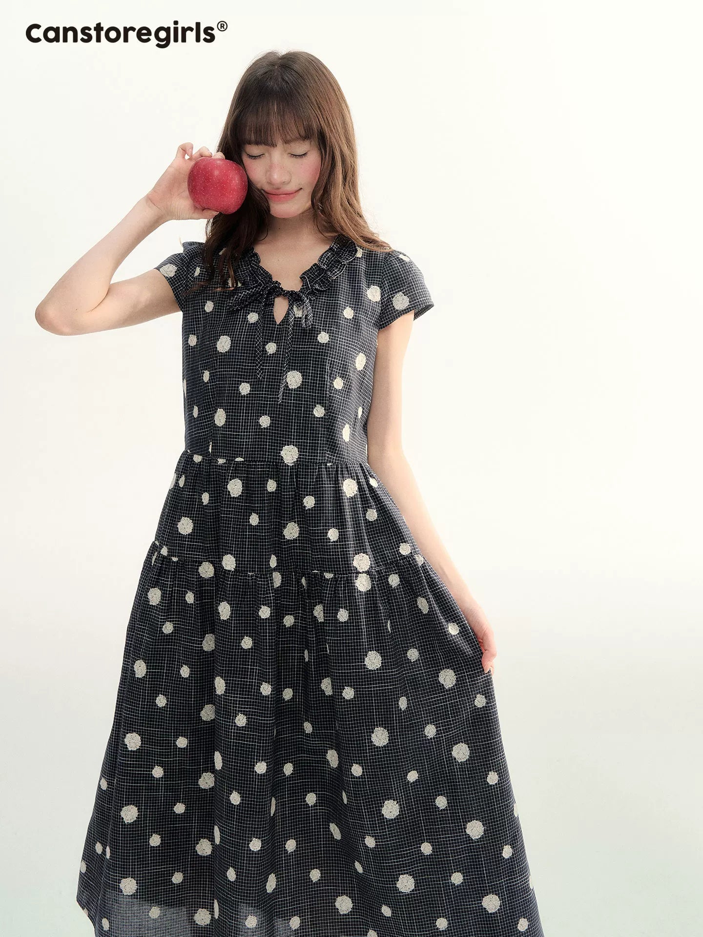 Navy Polka Dot Plaid Tie-Waist A-Line Dress LL2026095