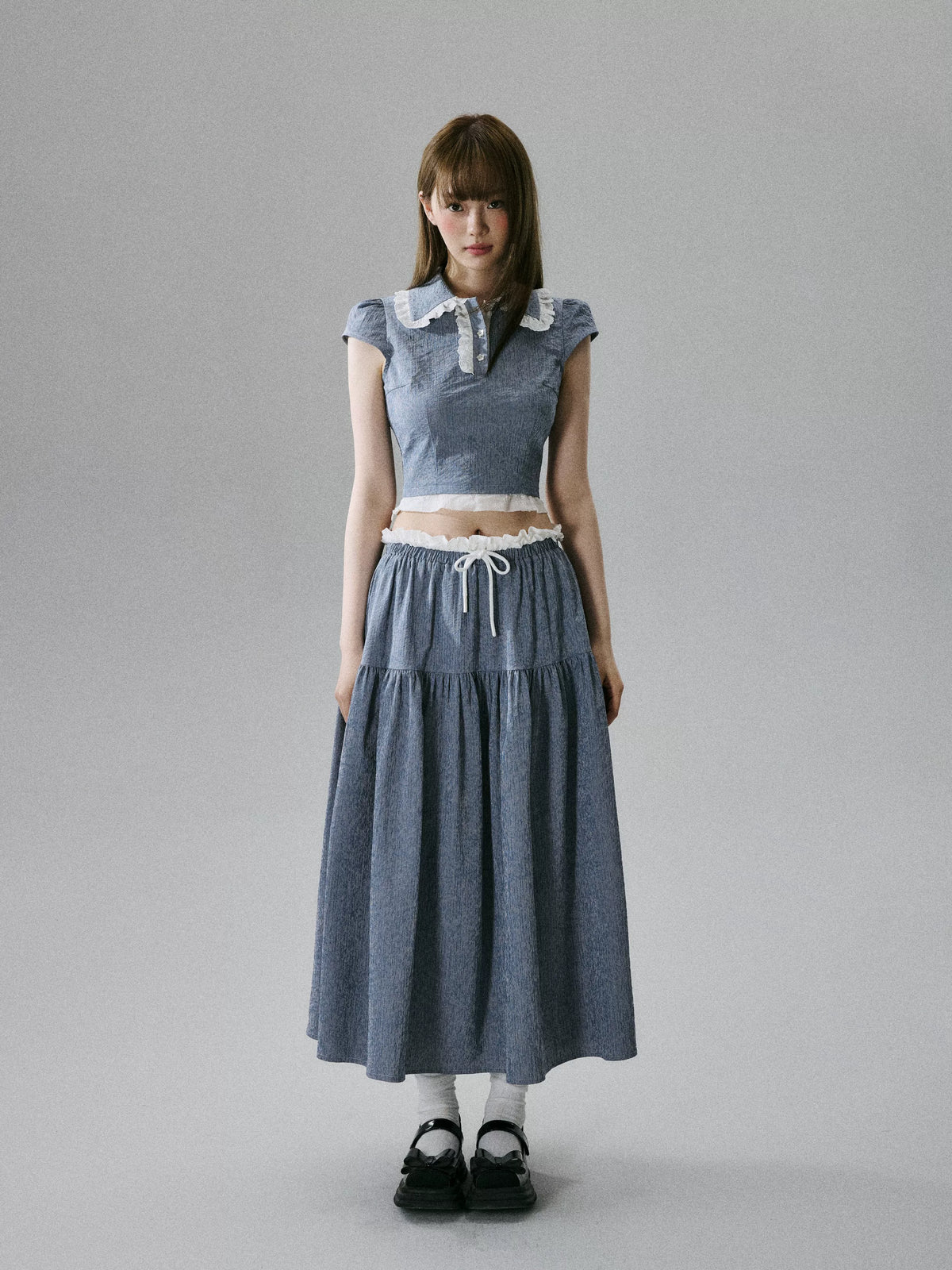 LOST FOREST - Denim Blue Fitted Top & Low-Waist Skirt Set