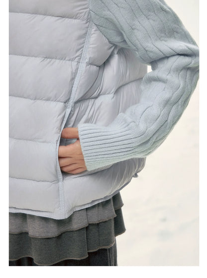 BIBIBENCY - Pale Blue Knit-Panel 90% White Duck Down Puffer Jacket (With Scarf)