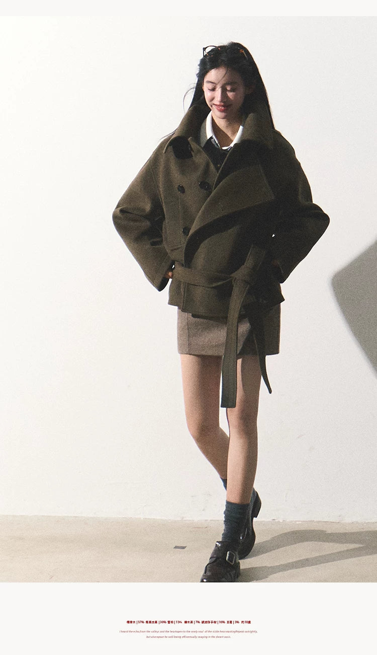 OAKMOO/ "The Flowers Are in Full Bloom" Jade Green Wool-Blend Short Belted Coat