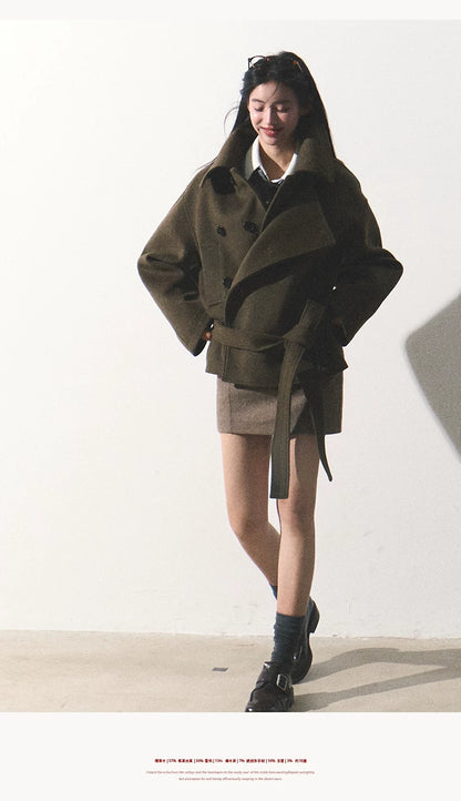 OAKMOO/ "The Flowers Are in Full Bloom" Jade Green Wool-Blend Short Belted Coat