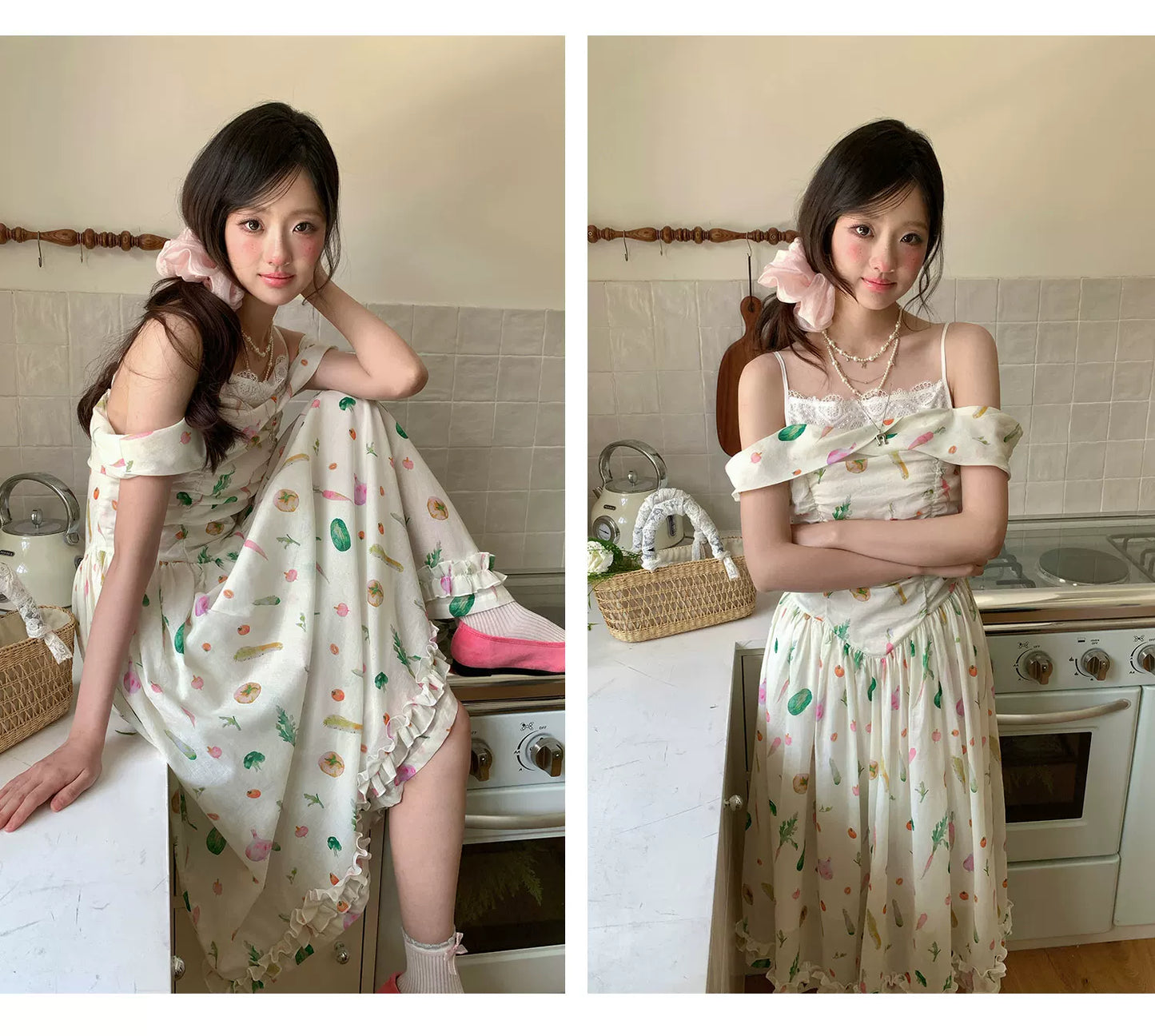 “Verdant Orchard Reverie” Beige Fruit Print Off-Shoulder Dress