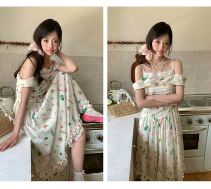 “Verdant Orchard Reverie” Beige Fruit Print Off-Shoulder Dress