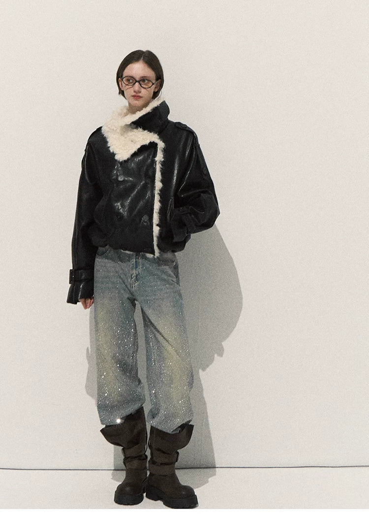 OAKMOO/ Cropped Faux Leather Shearling-Collar Jacket (Rich Black / Hazelnut Khaki)