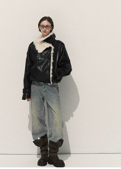 OAKMOO/ Cropped Faux Leather Shearling-Collar Jacket (Rich Black / Hazelnut Khaki)