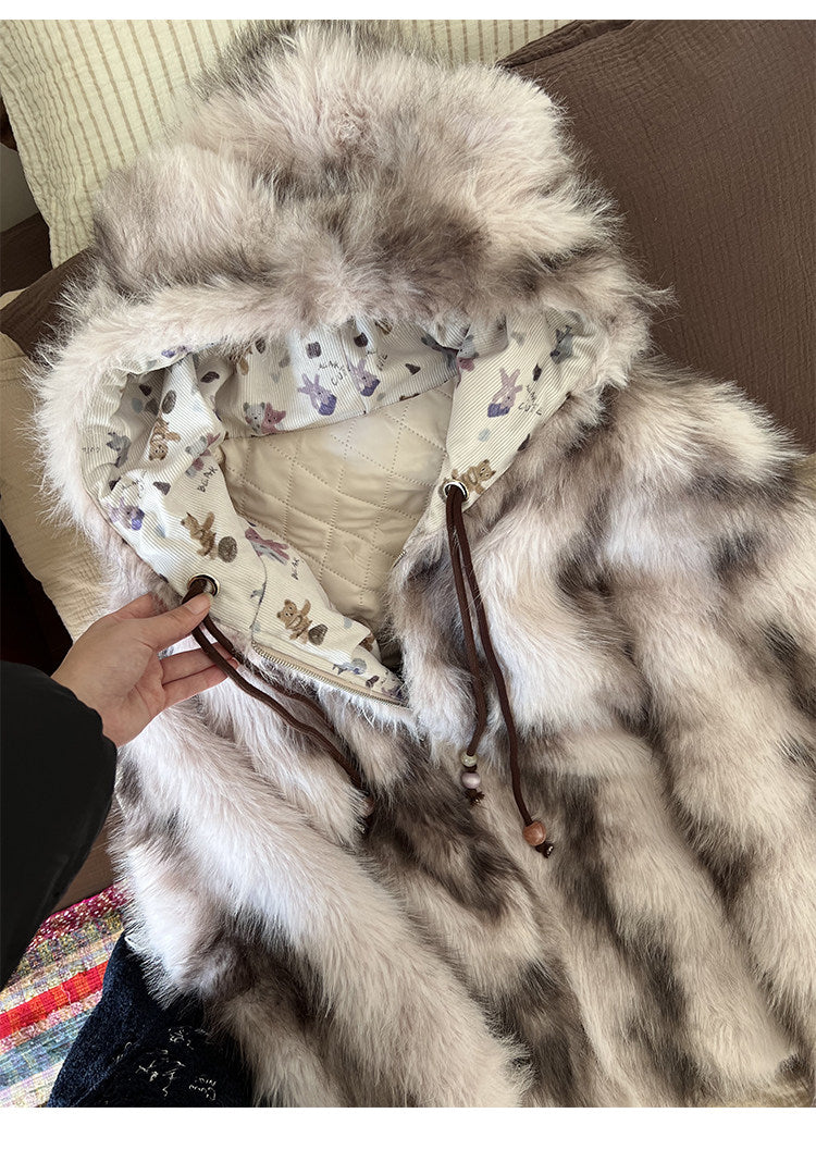 阮阮自制 - "Sweet Beauty Mark" Ombre Faux Fur Hooded Puffer Jacket