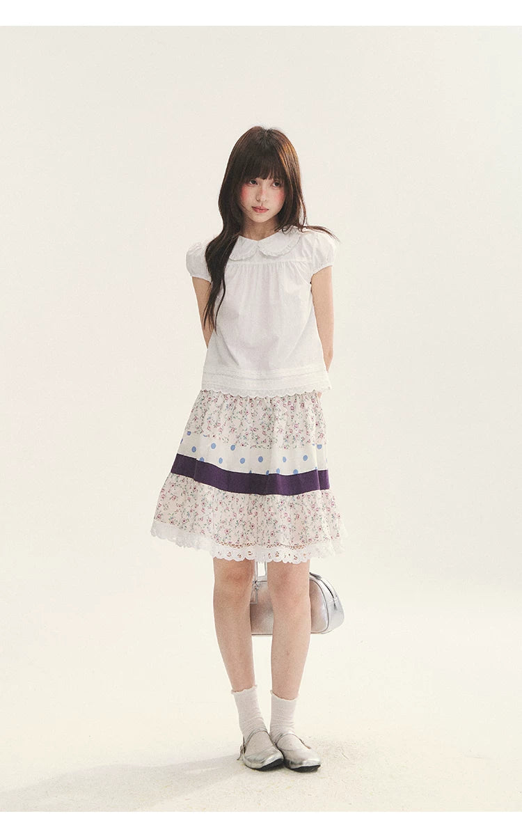"Moonlight Grape" Vintage Floral Polka Dot Lace A-Line Skirt