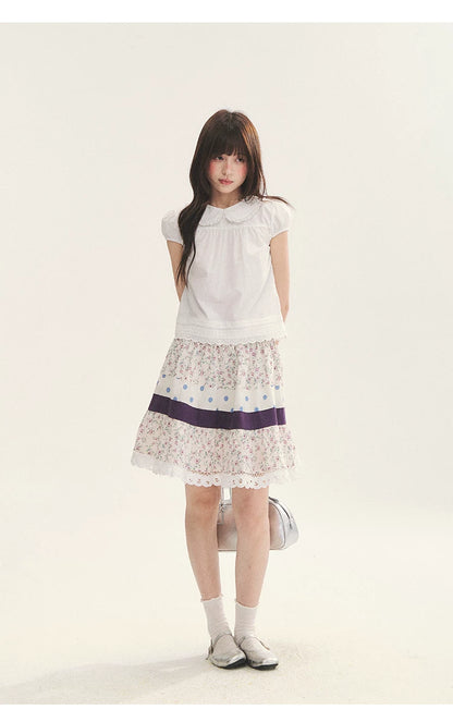 "Moonlight Grape" Vintage Floral Polka Dot Lace A-Line Skirt
