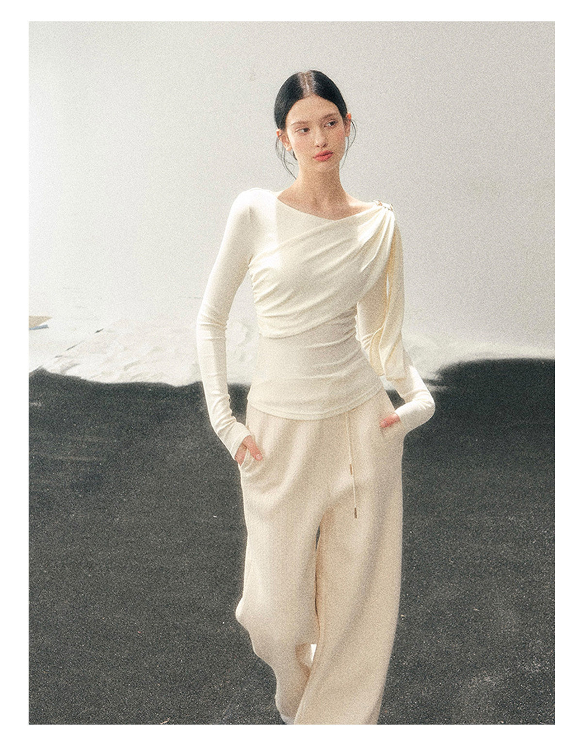 181225 “She Is Lighter Than the Wind” Streamer-Neck Top - Milky Apricot White