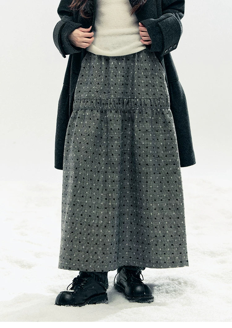 "Snowfall Polka" Charcoal Polka Dot Wool-Blend Midi Skirt