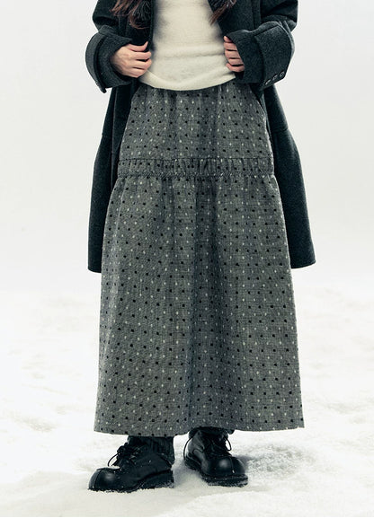 "Snowfall Polka" Charcoal Polka Dot Wool-Blend Midi Skirt