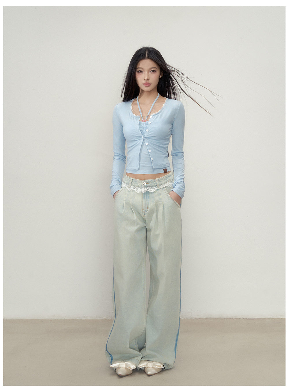 VIAPITTI - Lace Panel Straight-Leg Jeans (Light & Dark Blue)
