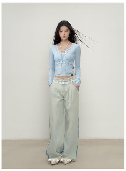 VIAPITTI - Lace Panel Straight-Leg Jeans (Light & Dark Blue)
