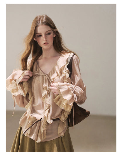 AOMALM - "A Featherlight Touch" French Camellia White Lace Chiffon Top with Belt (Camellia / Oatmeal / Cinnamon Pink)