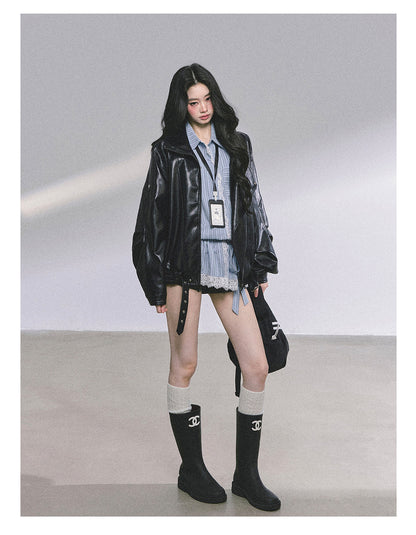 AOMALM - Cool Girl American Biker PU Leather Jacket