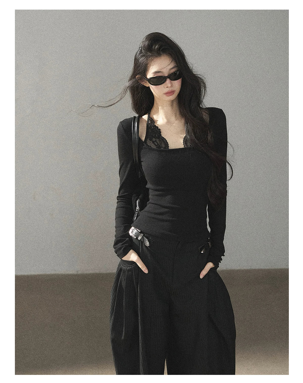 AOMALM - "Flowers at Dusk" Black Faux-Layer Lace Halter Knit Top
