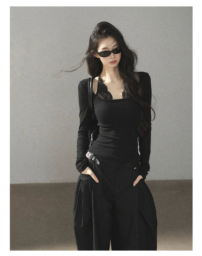 AOMALM - "Flowers at Dusk" Black Faux-Layer Lace Halter Knit Top