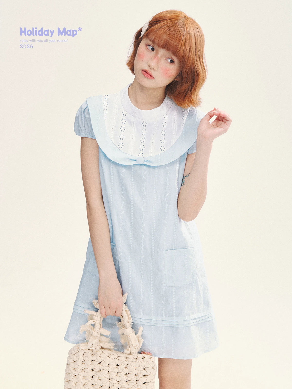 "Sea Salt Fizz" Baby Blue Cutout Embroidered Peter Pan Collar Puff Sleeve A-Line Dress