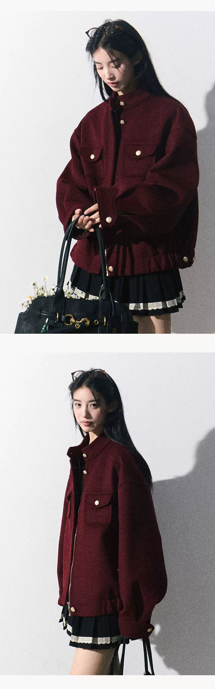OAKMOO/ "Plum Blossom Mood" Angora Red Wool-Blend Harrington Jacket