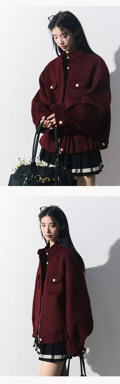OAKMOO/ "Plum Blossom Mood" Angora Red Wool-Blend Harrington Jacket