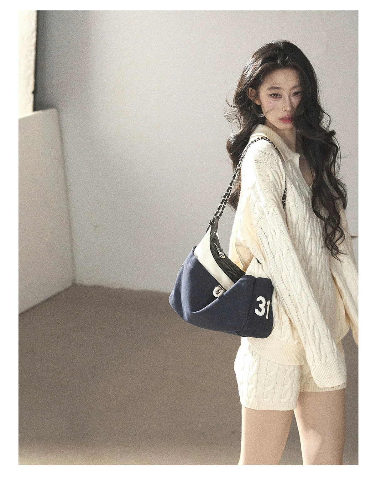 AOMALM - Dutch Cream Cable Knit Sweater & Shorts Set with Shawl