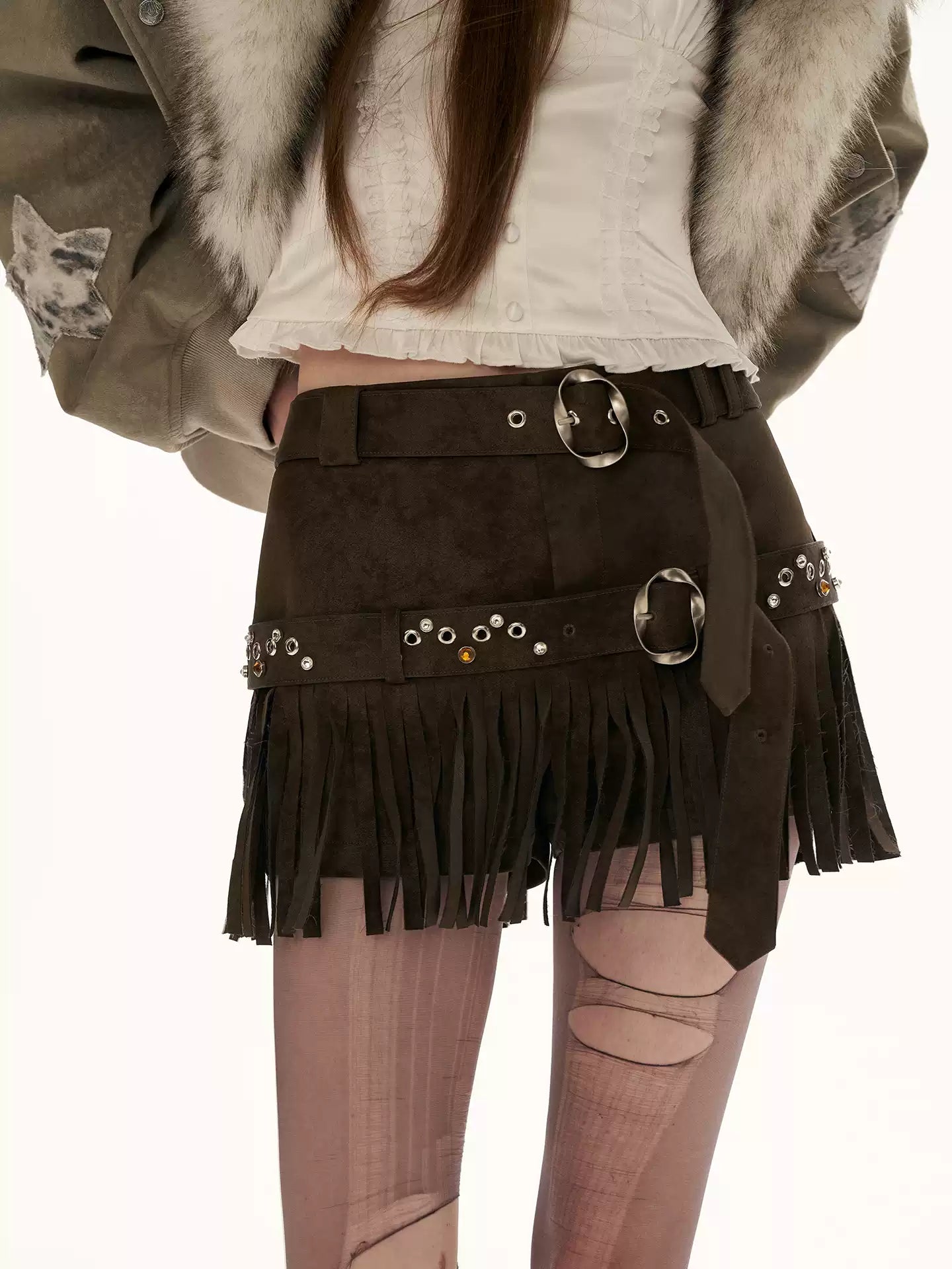 MAMC - American Retro Brown Suede Fringe Shorts WE859