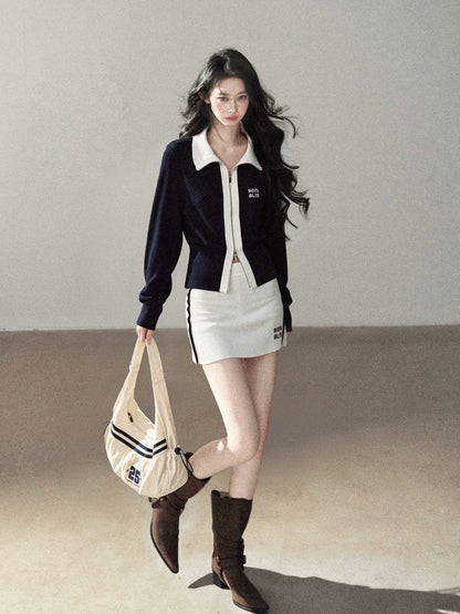 AOMALM - "Dream Beneath the Sea" Navy Blue Jacket & Mist White Mini Skirt Set