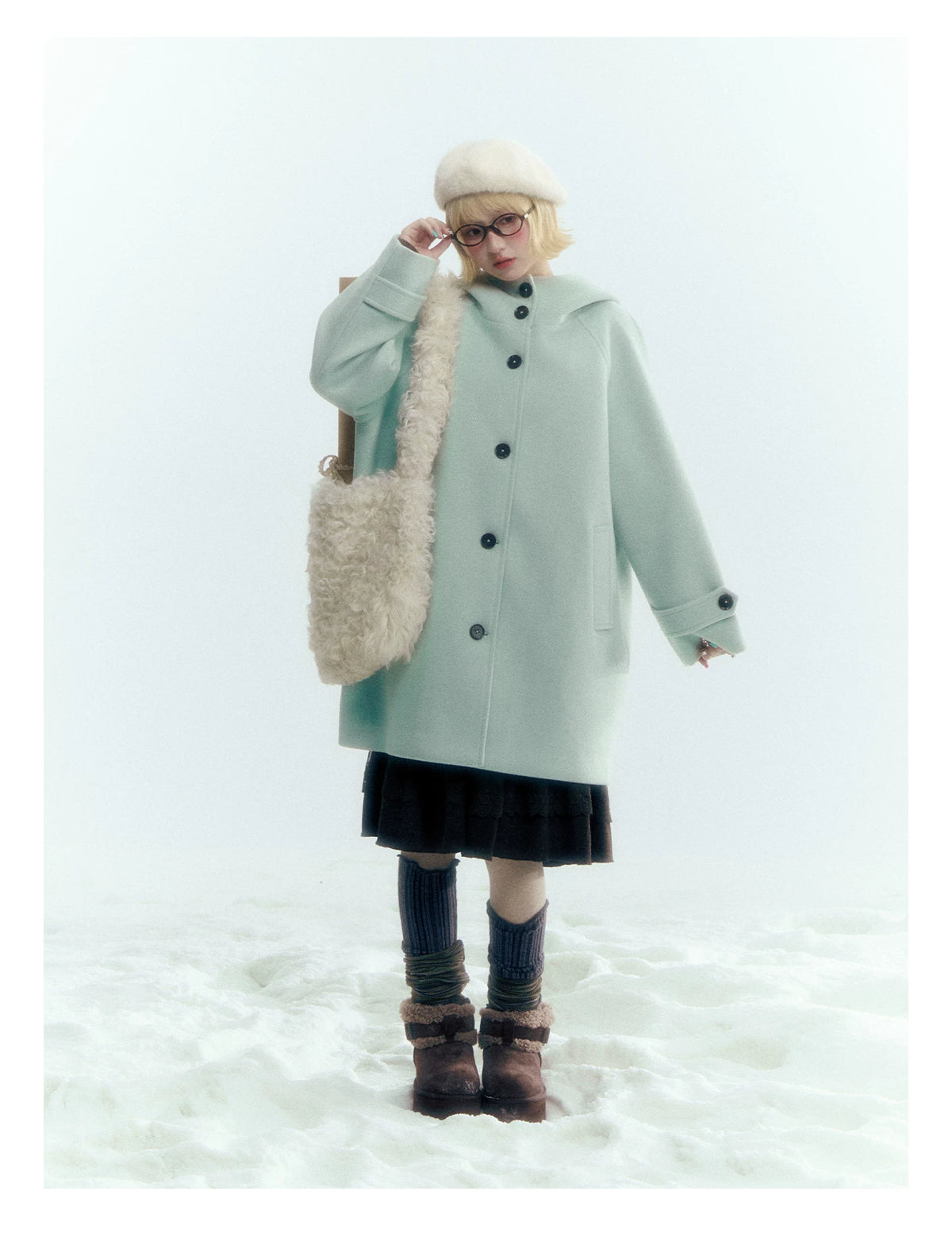 Pale Aqua Green Hooded Cocoon Wool-Blend Coat